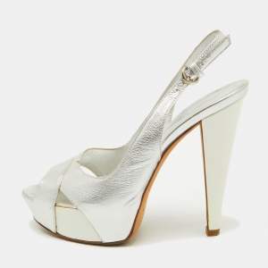 Sergio Rossi Silver Leather Slingback Platform Sandals Size 37