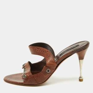 Sergio Rossi Brown Croc Embossed Leather Slide Sandals Size 39