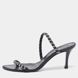 Pre Owned Sergio Rossi Black Leather Crystal Embellished Slide Sandals Size 38.5