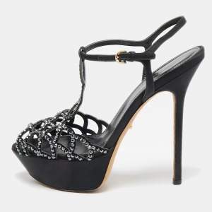 Sergio Rossi Black Satin Crystal Embellished Strappy Platform Sandals Size 37.5