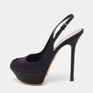 Sergio Rossi Black Satin Slingback Peep Toe Pumps Size 37.5
