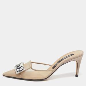 Pre Owned Sergio Rossi Beige Mesh Crystal Embellished Mules Size 39.5