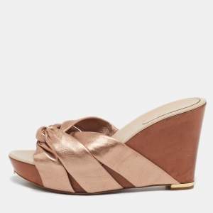 Sergio Rossi Rose Gold Leather Wedge Slide Sandals Size 40.5