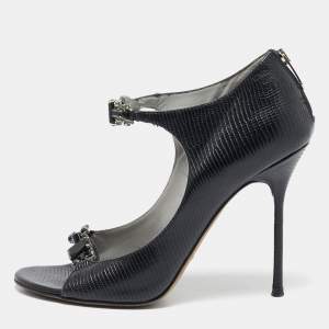 Sergio Rossi Black Lizard Embossed Leather Crystal Embellished Mary Jane Pumps Size 37.5