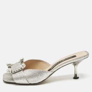 Sergio Rossi Silver Glitter Crystal Embellished Mules Size 38