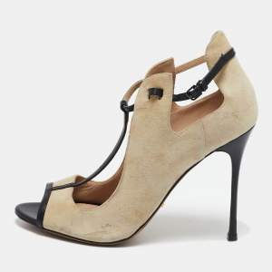 Sergio Rossi Beige/Black Leather and  Suede T-strap Pumps Sandals Size 38