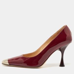 Sergio Rossi Burgundy Patent Leather Metal Detail Square Toe Pumps Size 37