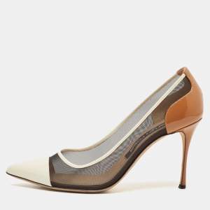 Sergio Rossi White/Brown Mesh and Patent Leather Pointed Toe Pumps Size 40.5