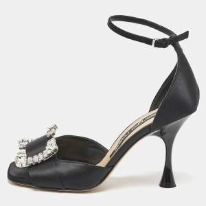 Sergio Rossi Black Satin Crystal Embellished Ankle Strap Sandals Size 38