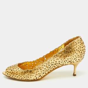 Sergio Rossi Metallic Gold Laser Cut Leather Open Toe Pumps Size 38.5