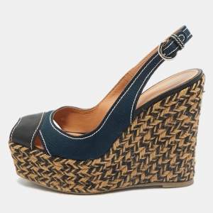 Sergio Rossi Navy Blue/Black Canvas and Leather Wedge Sandals Size 37