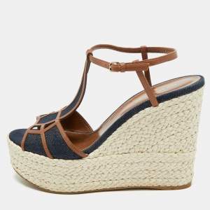 Sergio Rossi Navy Blue/Brown Denim and Leather Espadrille Platform Wedge Sandals Size 40.5