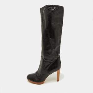 Pre Owned Sergio Rossi Black Perforated Leather Calf Length Boots Size 38.5