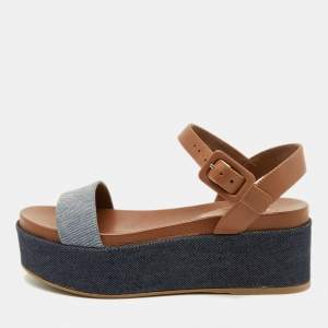 Pre Owned Sergio Rossi Brown/Blue Denim and Leather Platform Ankle Strap Sandals Size 35