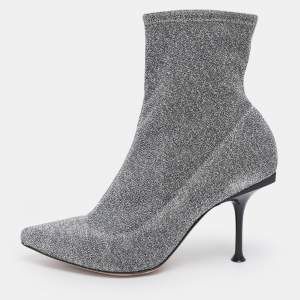 Pre Owned Sergio Rossi Silver Knit Fabric Sock Ankle Boots Size 36.5