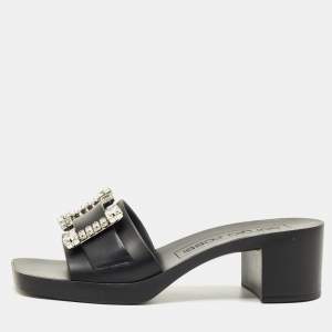 Pre Owned Sergio Rossi Black Rubber Crystal Embellished Block Heel Slides Size 40