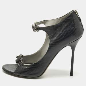 Pre Owned Sergio Rossi Black Lizard Embossed Leather Open Toe Sandals Size 37.5