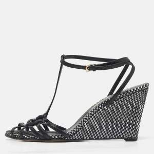 Pre Owned Sergio Rossi Black/White Raffia Ankle Strap Wedge Sandals Size 38.5