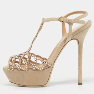Pre Owned Sergio Rossi Grey Suede Embellished Strappy Scalloped Platform Sandals Size 36