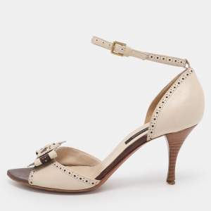 Pre Owned Sergio Rossi White/Brown Leather Bow Ankle Strap Sandals Size 36.5