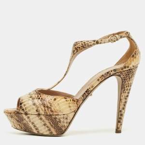 Pre Owned Sergio Rossi Beige/Brown Python Leather T-Strap Platform Sandals Size 39