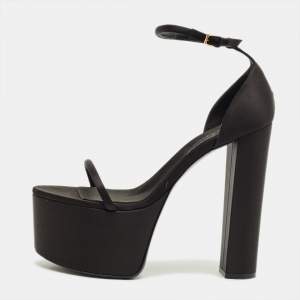 مملوكة مسبقًا Sergio Rossi Size 41.5 Black Satin Platform Strappy Block Heel Sandals