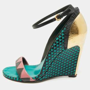 مملوكة مسبقًا Sergio Rossi Size 39 Multicolor Leather and Metal Ankle Strap Wedge Sandals