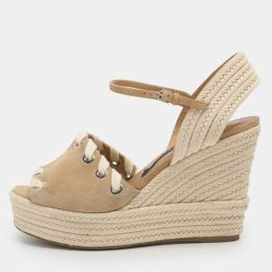 مملوكة مسبقًا Sergio Rossi Size 38.5 Beige and Rope Suede Wedge Sandals