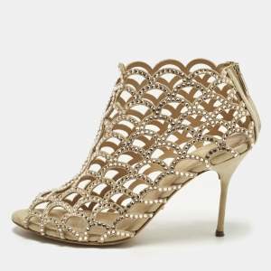 مملوكة مسبقًا Sergio Rossi Size 38 Beige Suede Crystal Embellishe Ankle Length Boots