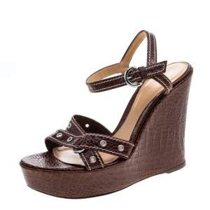 Pre Owned Sergio Rossi Brown Croc Embossed Leather Wedge Ankle Strap Sandals Size 40