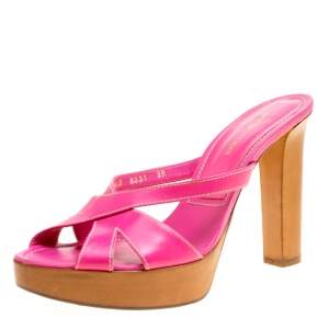 Pre Owned Sergio Rossi Pink Leather Peep Toe Platform Slides Size 38