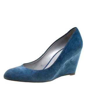 Pre Owned Sergio Rossi Blue Suede Wedge Pumps Size 37.5