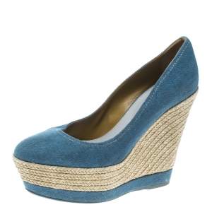 Pre Owned Sergio Rossi Blue Canvas Platform Espadrille Wedge Sandals Size 36