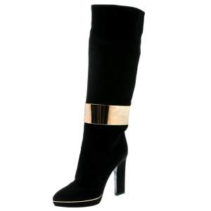 Pre Owned Sergio Rossi Black Suede Metal Cuff Boots Size 40.5