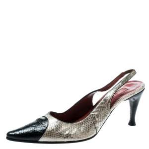Pre Owned Sergio Rossi Beige/Black Pearl Finish Python Slingback Pointed Toe Sandals Size 39