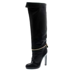 Pre Owned Sergio Rossi Black Leather Faux Zipper Detail Knee Length Boots Size 36
