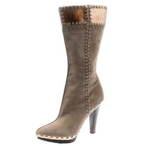 Pre Owned Sergio Rossi Beige Suede And Metallic Bronze Lizard Embossed Leather Studded Platform Knee Length Boots Size 37.5