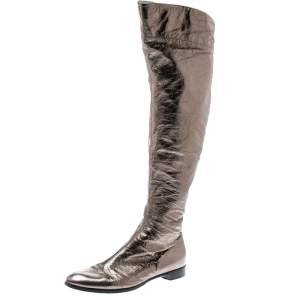 Pre Owned Sergio Rossi Metallic Grey Leather Knee Length Boots Size 39