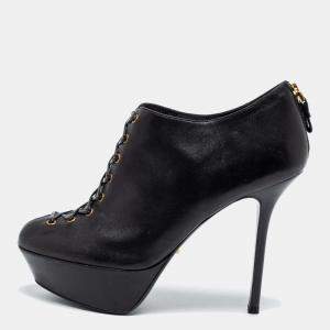 Pre Owned Sergio Rossi Black Leather Lace-Up Platform Booties Size 37