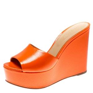 Pre Owned Sergio Rossi Orange Textured Patent Leather Lakeesha Wedge Slides Size 39.5