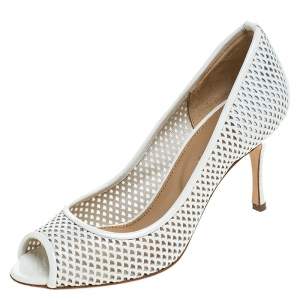 Pre Owned Sergio Rossi White Lasercut Leather Peep Toe Pumps Size 34