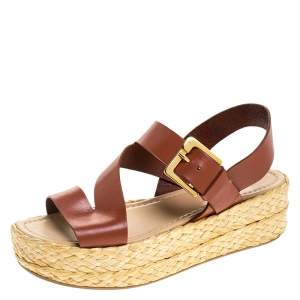 Pre Owned Sergio Rossi Brown Leather Espadrille Open Toe Ankle Strap Platform Sandals Size 36