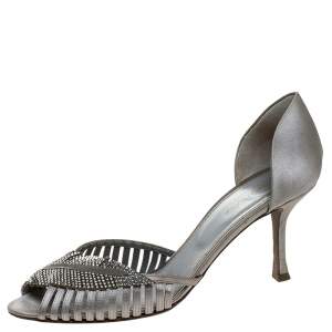 Pre Owned Sergio Rossi Grey Satin Crystal Embellished Peep Toe Pumps Size 38