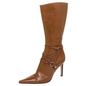 Pre Owned Sergio Rossi Tan Leather Buckle Detail Pointed Toe Mid Calf Boots Size 37