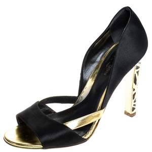 Sergio Rossi Black/Gold Satin Open Toe Sandals Size 38