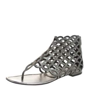 Sergio Rossi Metallic Grey Leather Cut Out Scalloped Flat Sandals Size 37.5