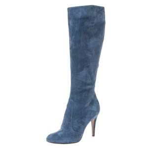 Pre Owned Sergio Rossi Blue Nubuck Round Toe Mid Calf Boots Size 36