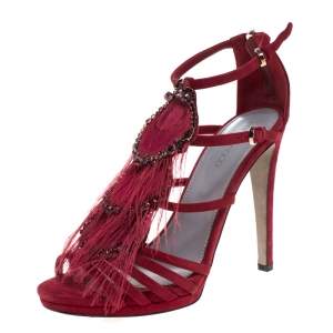 Pre Owned Sergio Rossi Red Suede Crystal And Peacock Embellished Platform Strappy Platform Sandals Size 38
