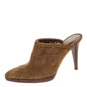 Pre Owned Sergio Rossi Beige Suede Wooden Platform Pointed Toe Mules Size 38