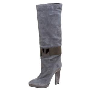 Pre Owned Sergio Rossi Grey Suede Metal Cuff Boots Size 41